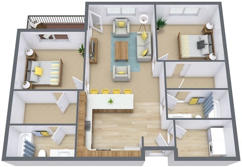 Floor plan for 2 beds, 2 baths, 1038 sqft